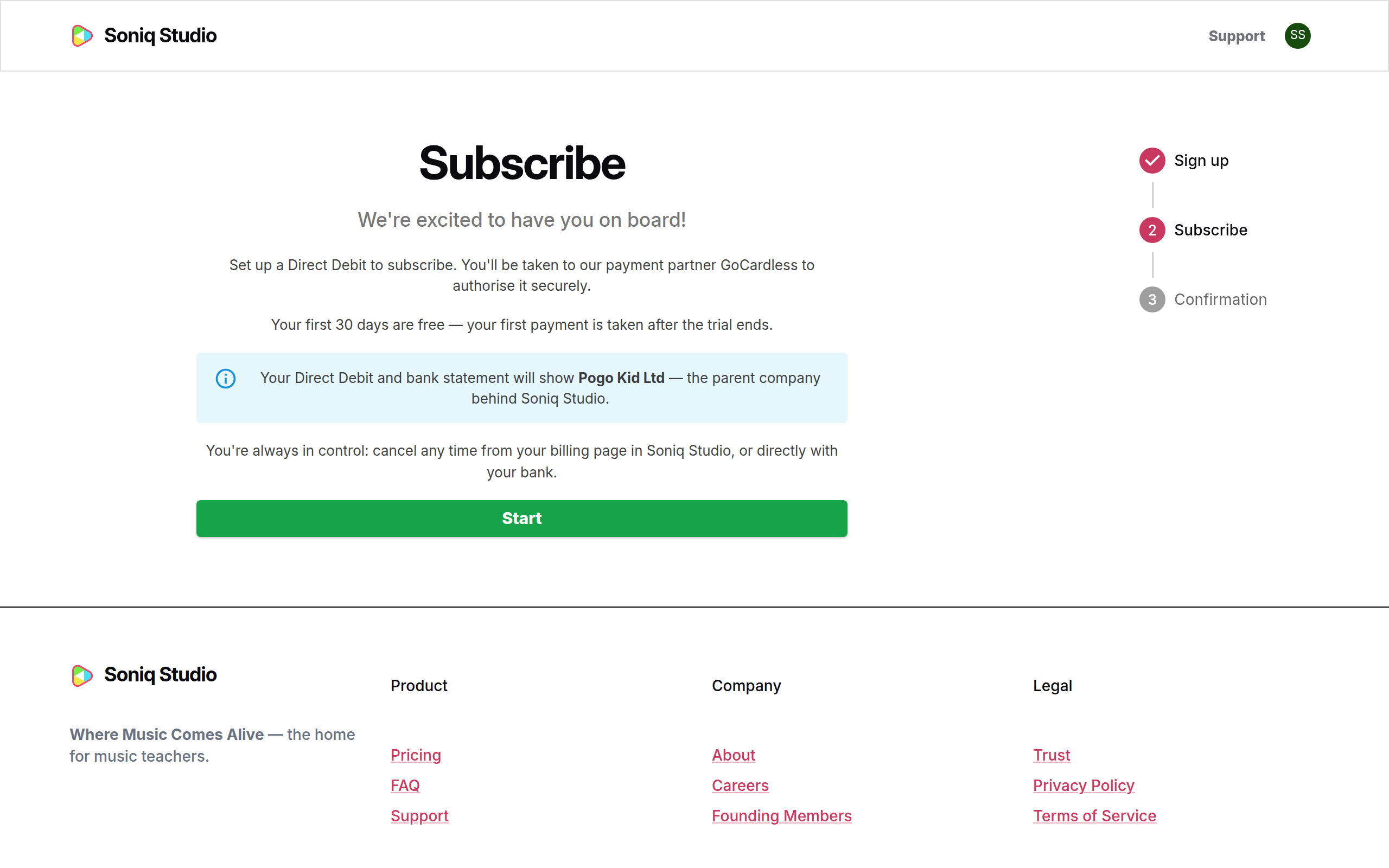 The Subscribe page with the free trial note, the Pogo Kid Ltd notice and the Start button