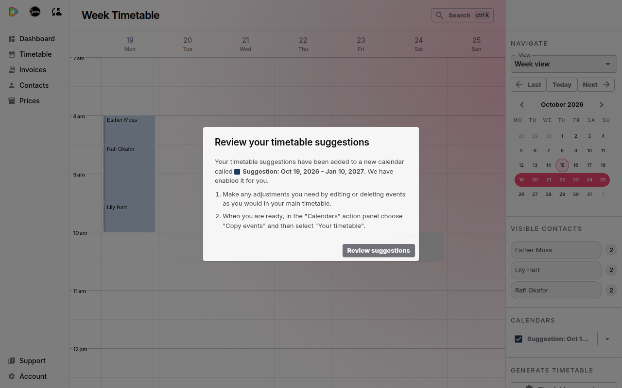 The Review your timetable suggestions message, over a timetable with the suggested lessons in a different colour
