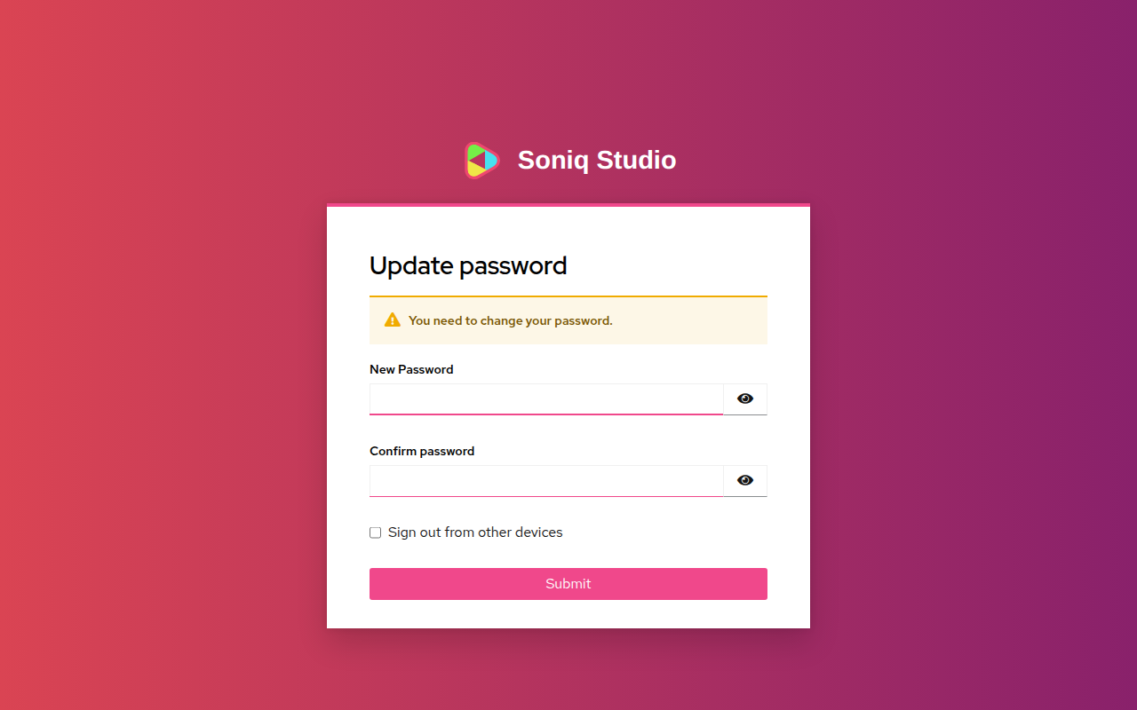 The Update password page with New Password, Confirm password and Sign out from other devices