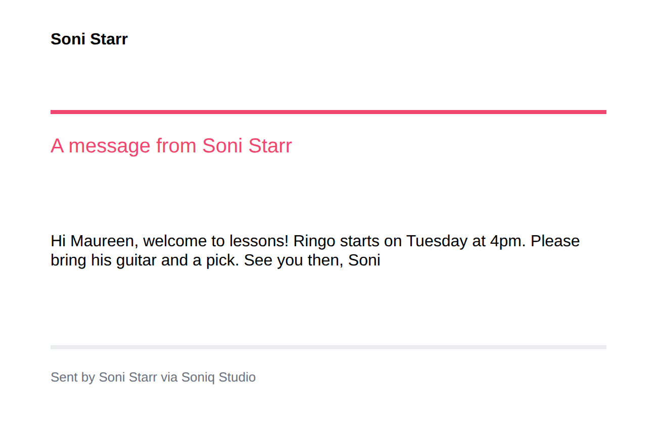 The email Maureen receives, headed A message from Soni Starr, with the welcome message and the line Sent by Soni Starr via Soniq Studio