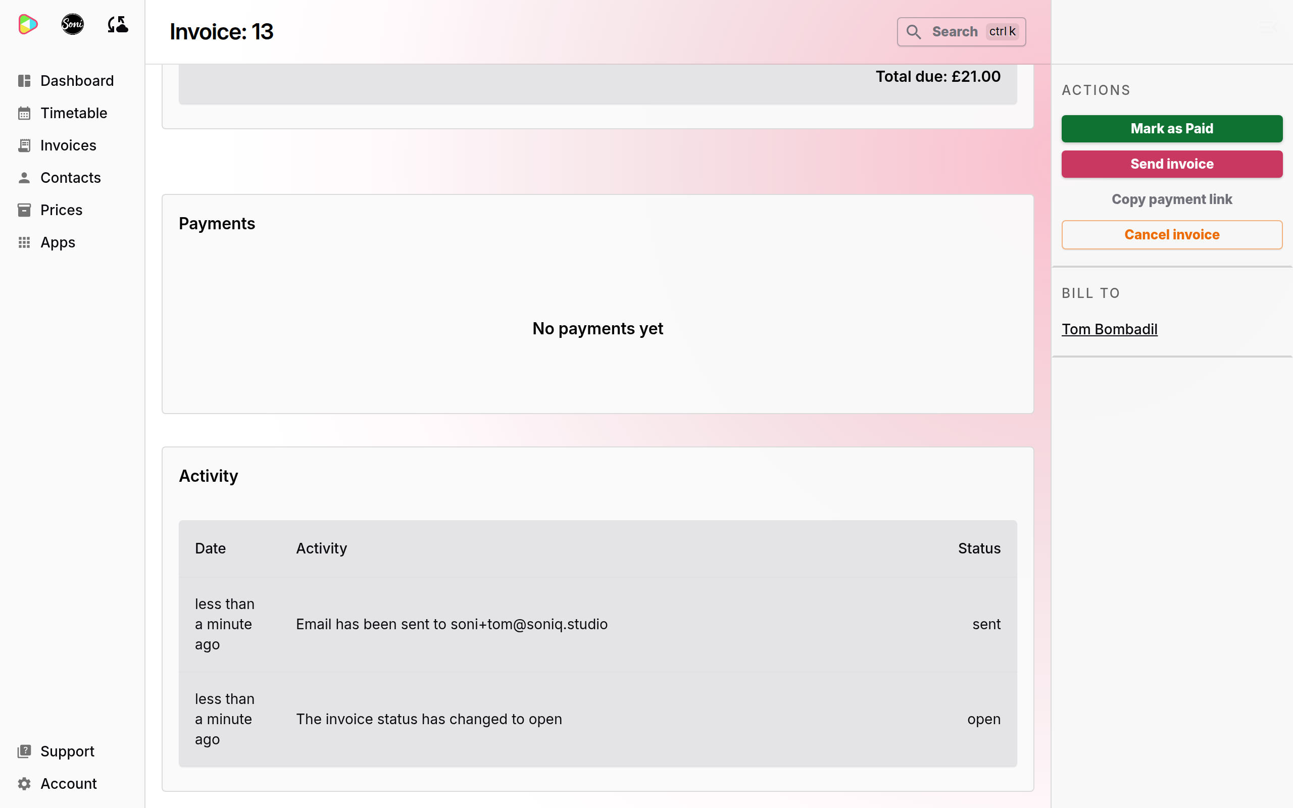 The Activity card showing the email sent to the student and the change to open