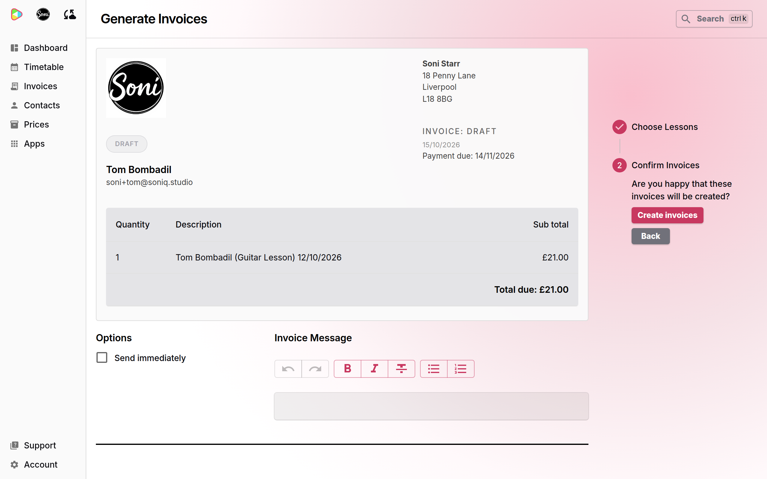 The invoice preview for Tom Bombadil with one Guitar Lesson at £21.00 and the Create invoices button
