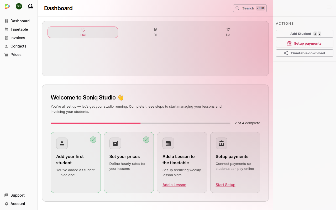 The dashboard checklist shows 2 of 4 complete, with ticks on Add your first student and Set your prices
