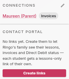 The Connections section with Maureen (Parent) and an Invoices label, and the Contact portal section with No links yet and a Create links button